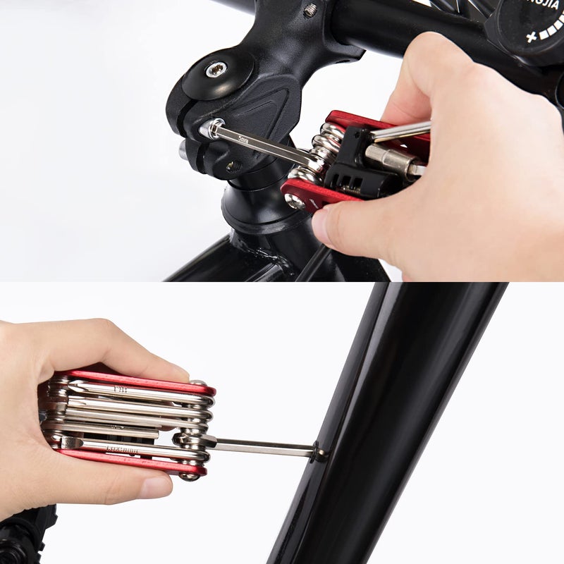 WOTOW Bike Repair Tool Kit & Bike Saddle Bag, 14 in 1 Bike Chain Tool Hex Key Wrench Maintain Accessories Multitool Set with Portable Under Seat Bag for Road Mountain Commuter Bicycle(Red) - Image 2